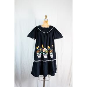 Vintage Flowerpot Gardening Dress Black Patio Sundress Floral Butterfly Retro LG